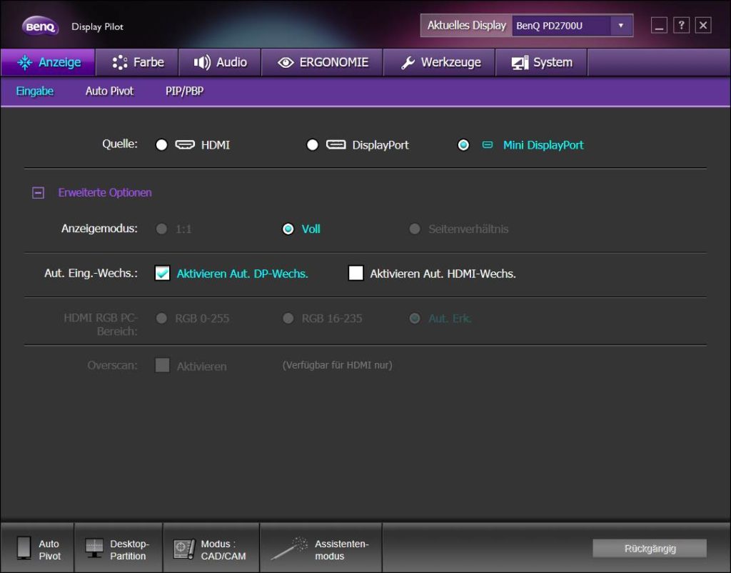 BENQ DisplayPilot Display Settings