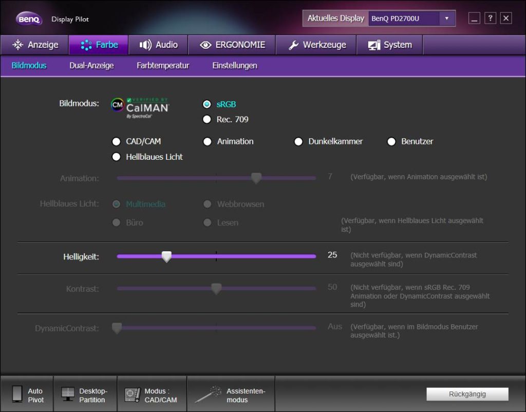 BENQ DisplayPilot Software Color Settings